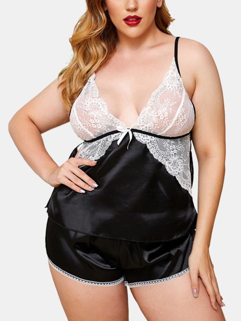 Plus Size Dam Faux Silk Lace Patchwork Se Genom Backless Chemises Underkläder Set