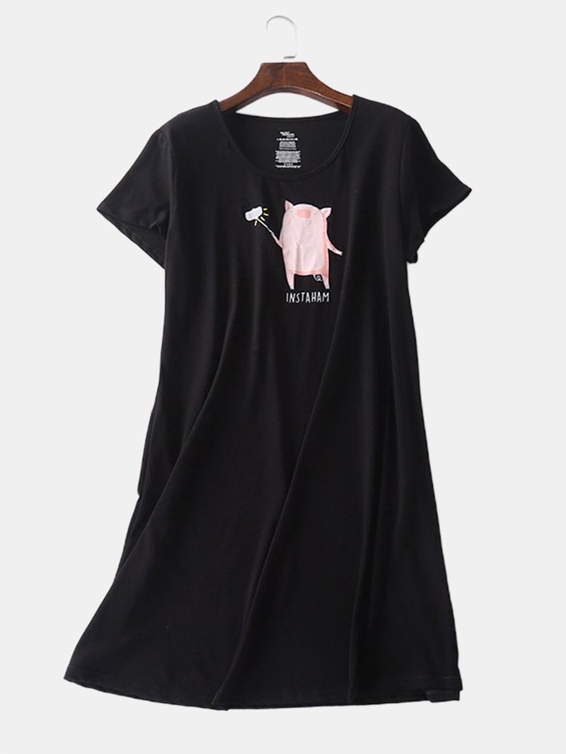 Plus Size Kvinnor Cartoon Pig Med Tryck Softies Kortärmad Hem Casual Nattlinne