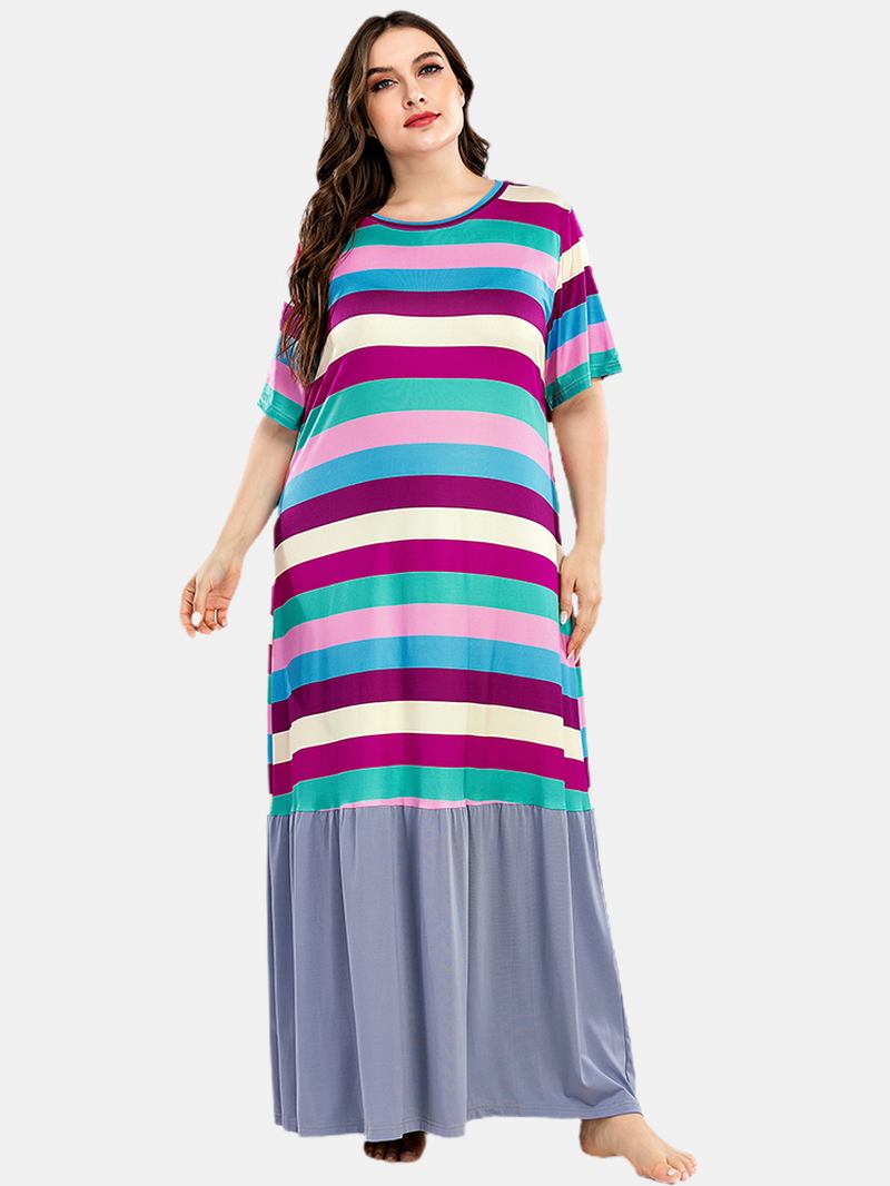 Plus Size Kvinnor Färgglada Stripe Patchwork Kortärmade Hem Casual Nattlinnen