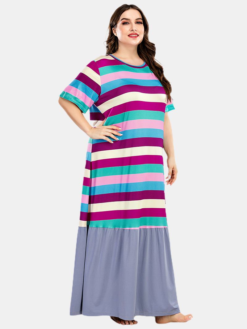 Plus Size Kvinnor Färgglada Stripe Patchwork Kortärmade Hem Casual Nattlinnen