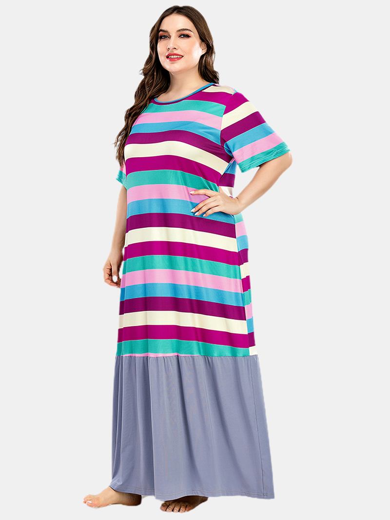 Plus Size Kvinnor Färgglada Stripe Patchwork Kortärmade Hem Casual Nattlinnen