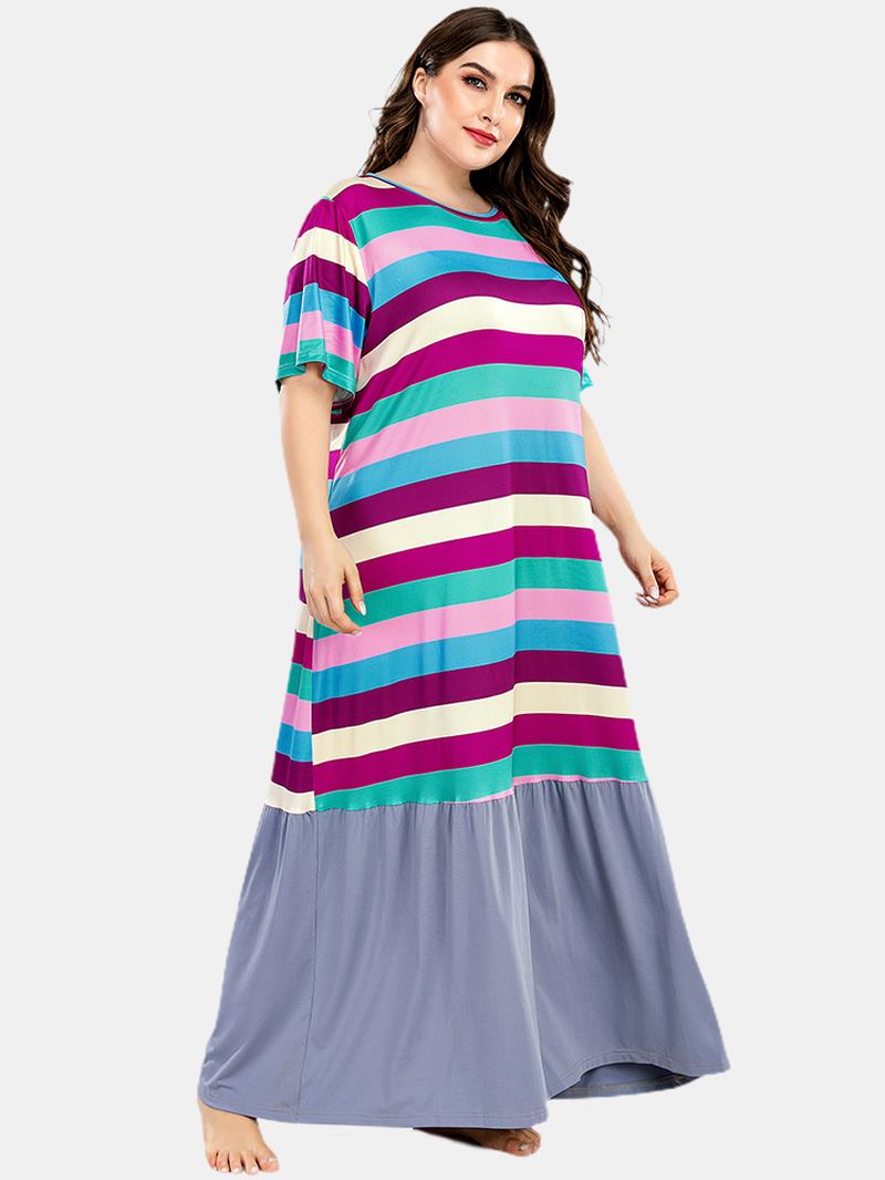 Plus Size Kvinnor Färgglada Stripe Patchwork Kortärmade Hem Casual Nattlinnen