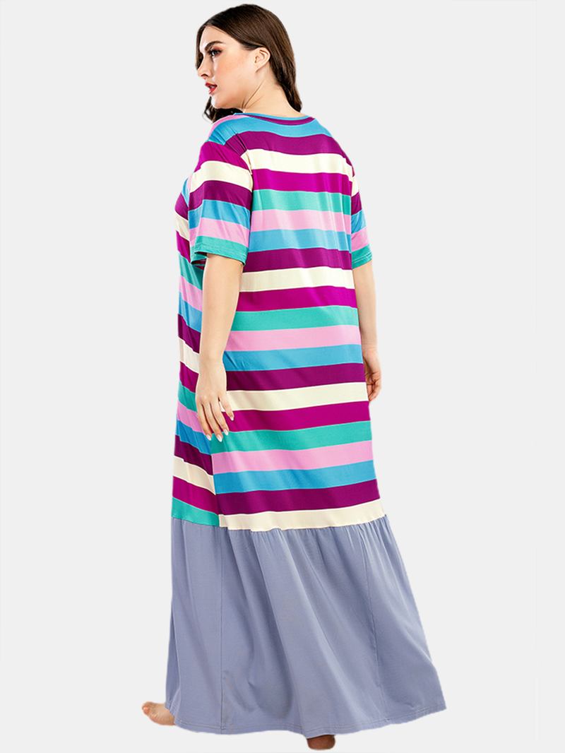 Plus Size Kvinnor Färgglada Stripe Patchwork Kortärmade Hem Casual Nattlinnen