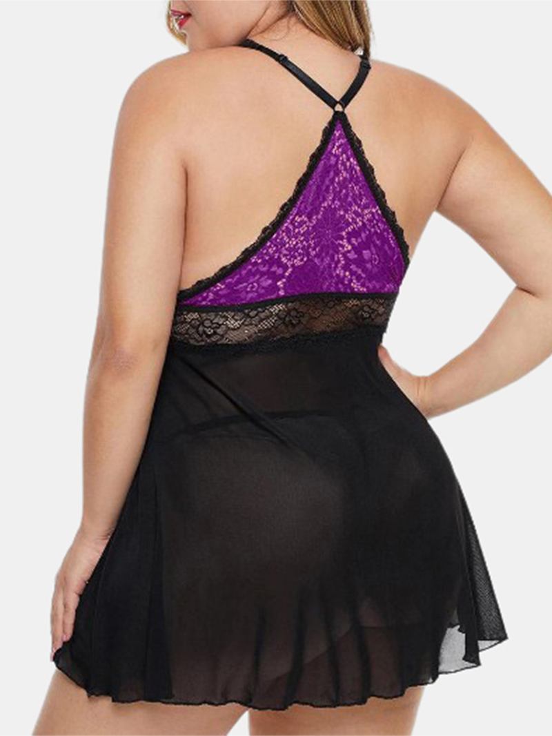 Plus Size Kvinnor Spets Hollow Out Backless Perspective Nattlinne