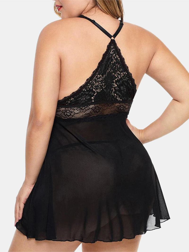 Plus Size Kvinnor Spets Hollow Out Backless Perspective Nattlinne