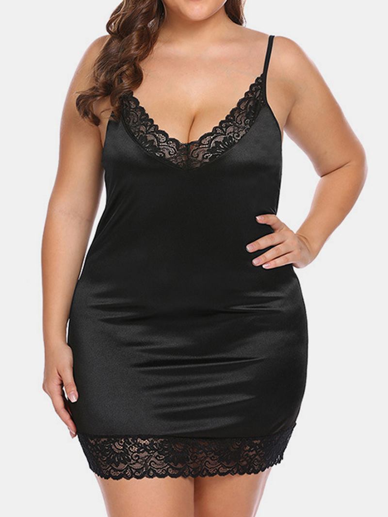 Plus Size Lace Patchwork V-neck Sling Nattlinne Dam Nattlinne