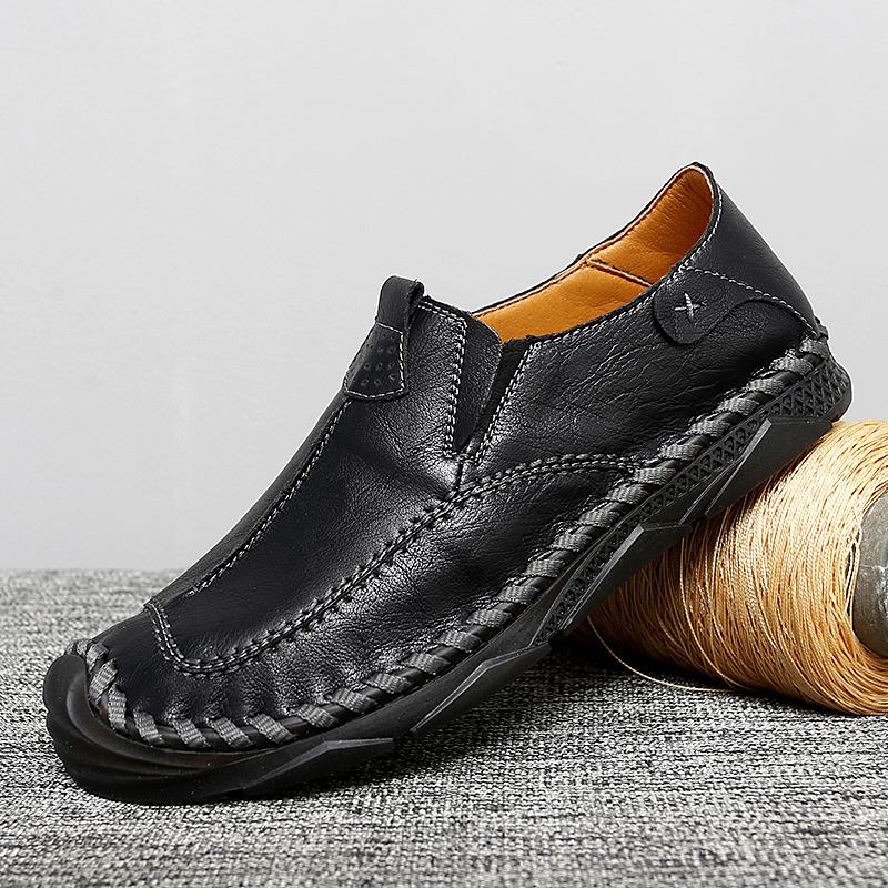 Män Kohud Handsömmar Andas Mjuk Sula Slip On Casual Driving Shoes