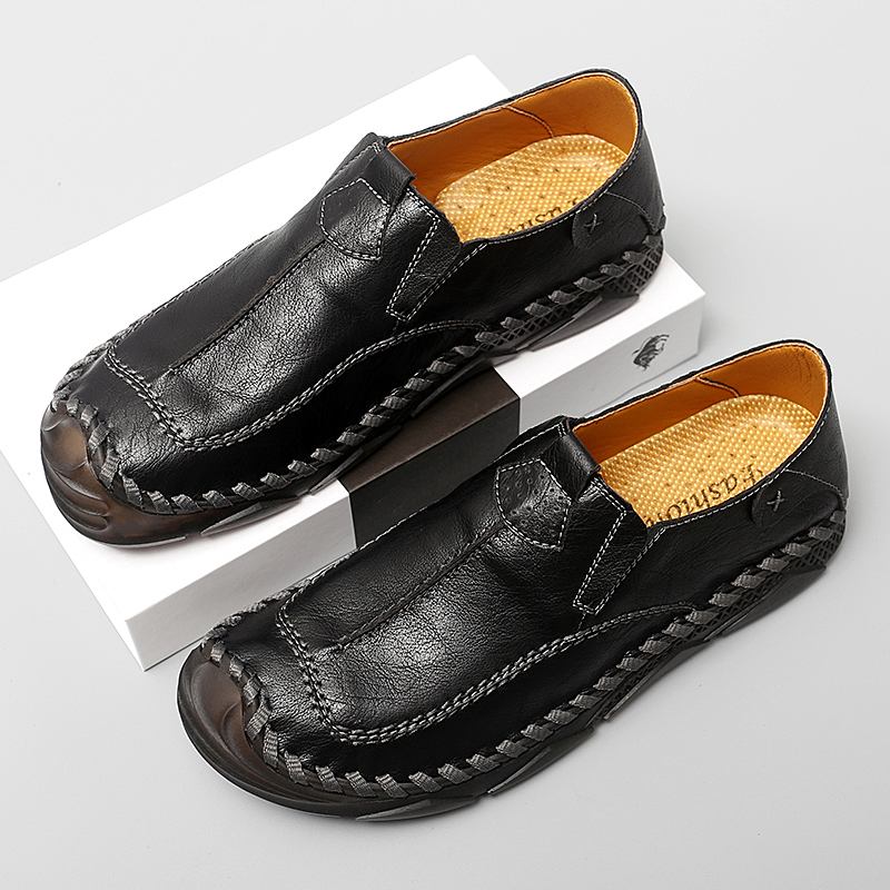 Män Kohud Handsömmar Andas Mjuk Sula Slip On Casual Driving Shoes