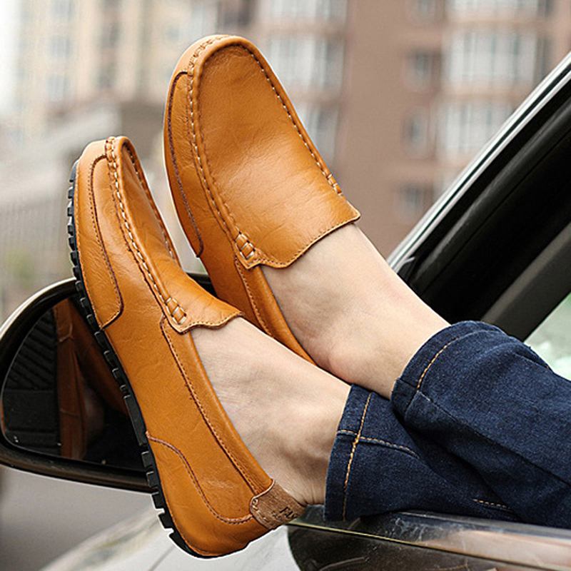 Män Läder Casual Driving Slip On Outdoor Platt Mjuk Bekväma Loafers Skor