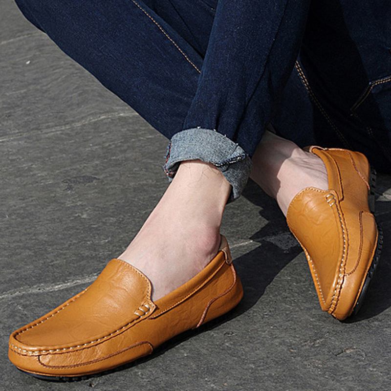 Män Läder Casual Driving Slip On Outdoor Platt Mjuk Bekväma Loafers Skor