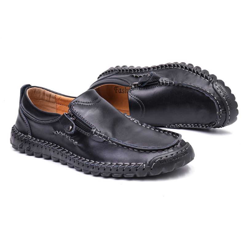 Män Läder Handsömmar Halkfri Sida Zipper Casual Flats