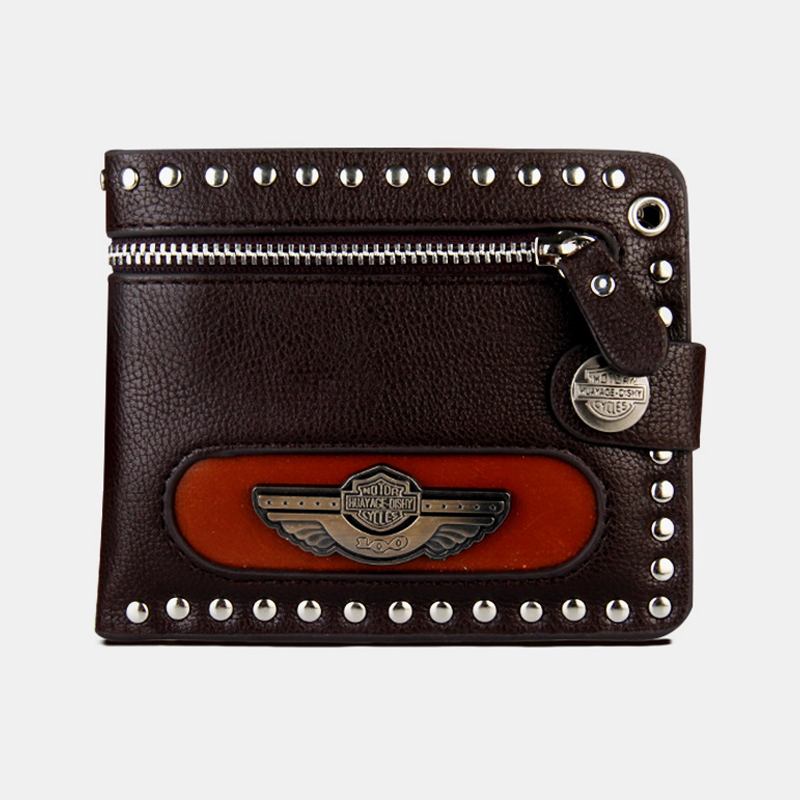 Män Äkta Läder Business Retrostil Geometriskt Mönster Multi-pocket Card Holder Plånbok Med Nitkedja