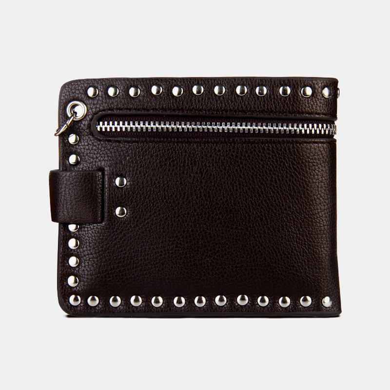 Män Äkta Läder Business Retrostil Geometriskt Mönster Multi-pocket Card Holder Plånbok Med Nitkedja