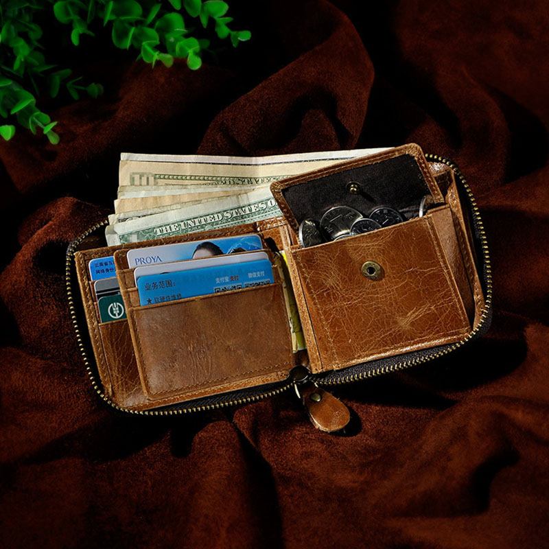 Män Äkta Läder Kohud Retro Klassisk Bifold Zipper Card Holder Plånbok