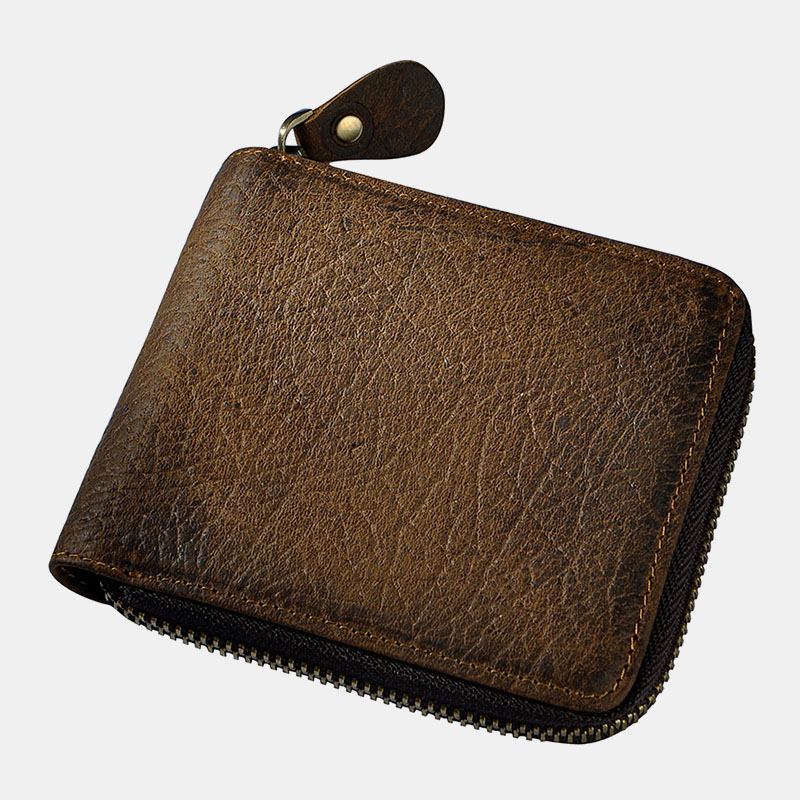 Män Äkta Läder Kohud Retro Klassisk Bifold Zipper Card Holder Plånbok