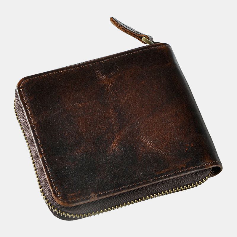 Män Äkta Läder Kohud Retro Klassisk Bifold Zipper Card Holder Plånbok