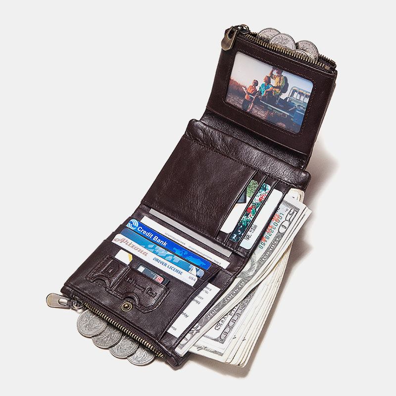 Män Äkta Läder Stöldskyddsdragkedja Multi-slot Card Holder Plånbok