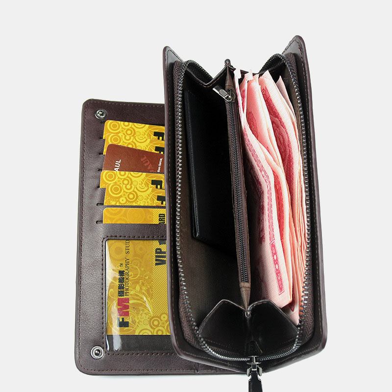 Män Faux Leather Long Wallet Business Money Zipper Wallet