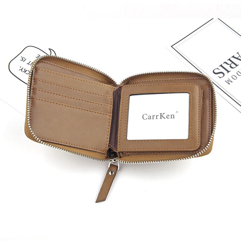 Män Konstläder Tri-fold Retro Zipper Multi-card Slots Vägg