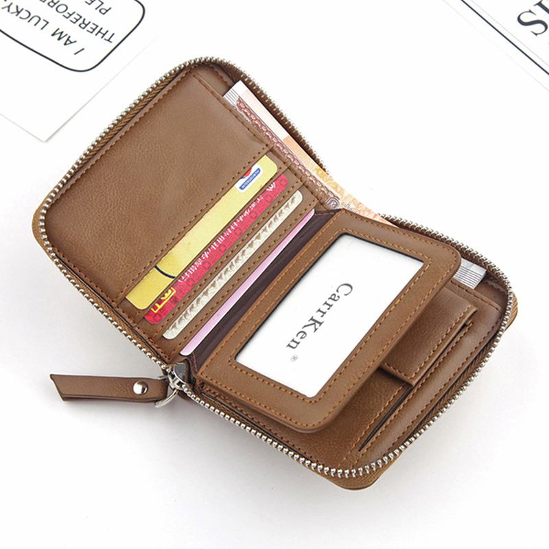 Män Konstläder Tri-fold Retro Zipper Multi-card Slots Vägg