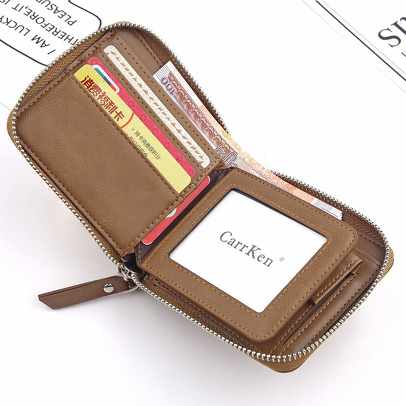 Män Konstläder Tri-fold Retro Zipper Multi-card Slots Vägg