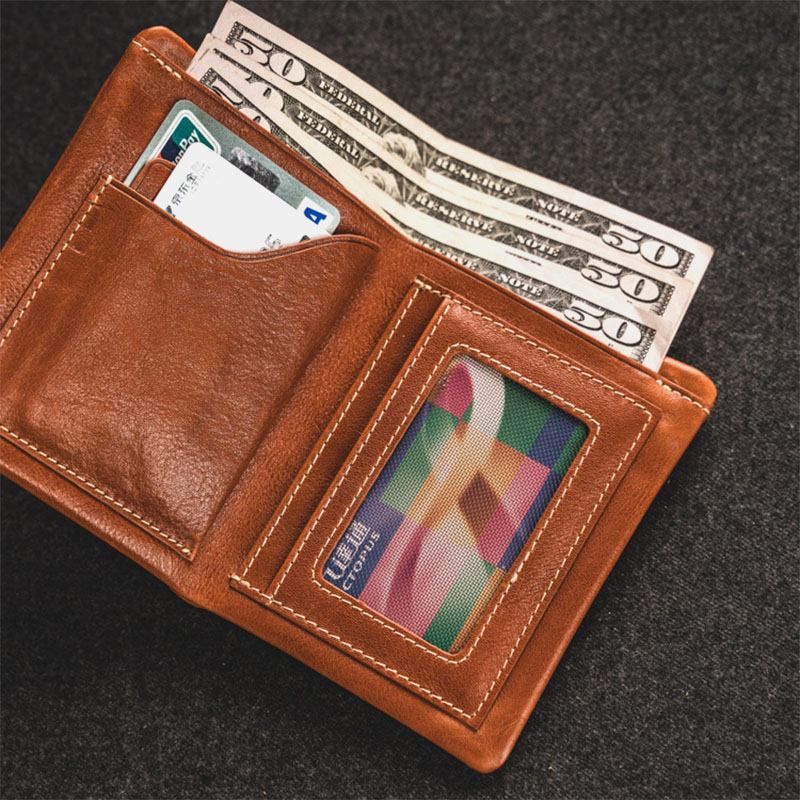 Män Vegetabiliskt Garvat Koskinn Bifold Kort Plånbok Kortfodral Money Clip