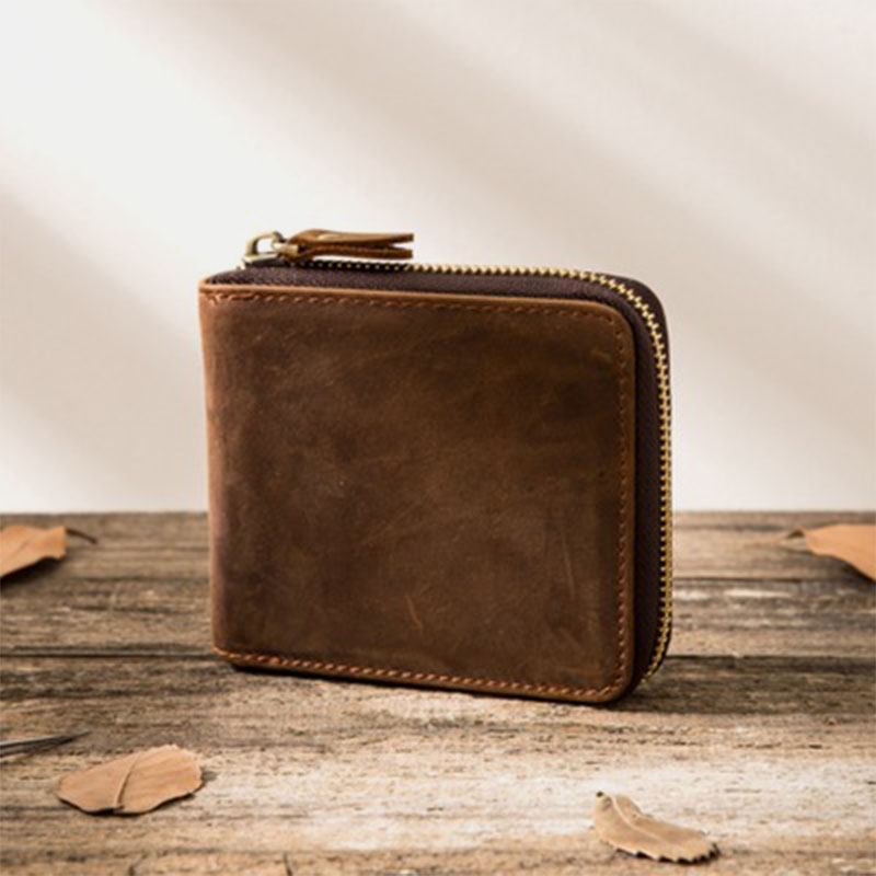 Män Vintage Äkta Läder Dragkedja Runt Cardwallet Hållare Myntväska