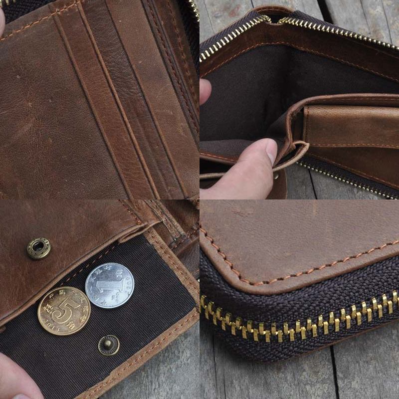 Män Vintage Äkta Läder Dragkedja Runt Cardwallet Hållare Myntväska