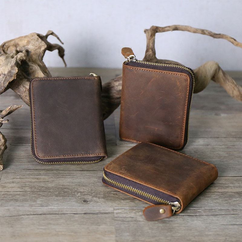 Män Vintage Äkta Läder Dragkedja Runt Cardwallet Hållare Myntväska