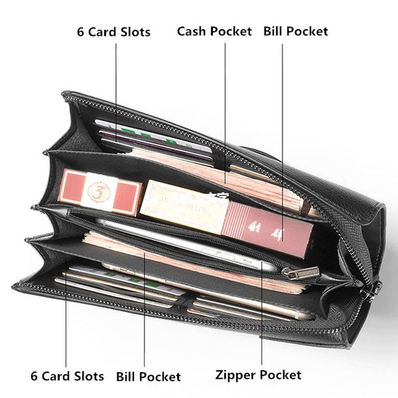 Pu Business Casual Zipper Clutch Bag 4 Cash Pockets Plånbok För Män