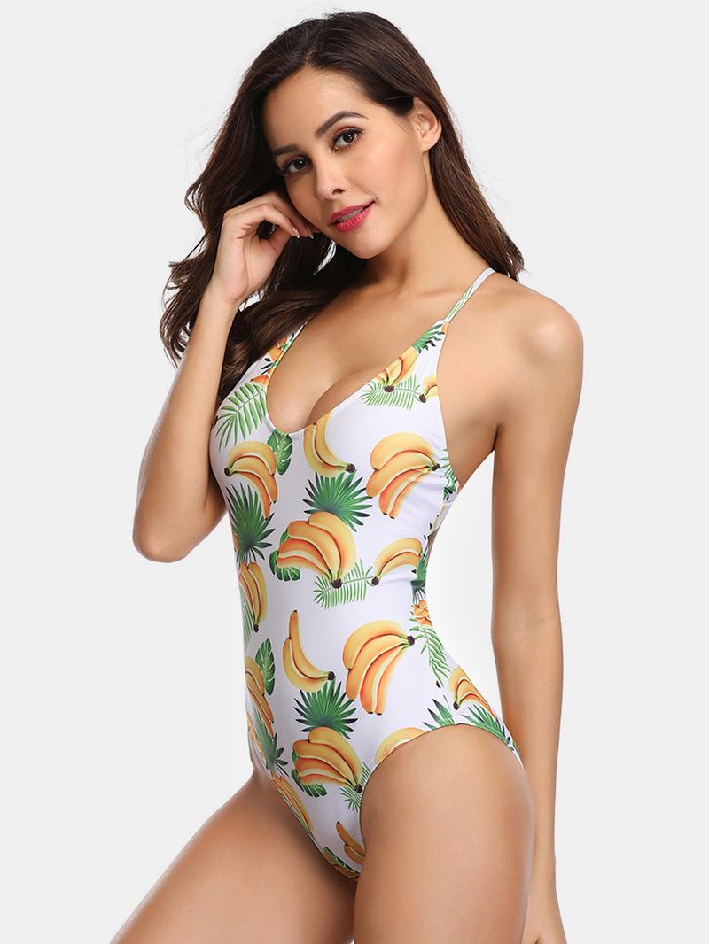 Dam Banana Med Tryck Criss-cross Spaghetti Straps One Piece Beach Badkläder