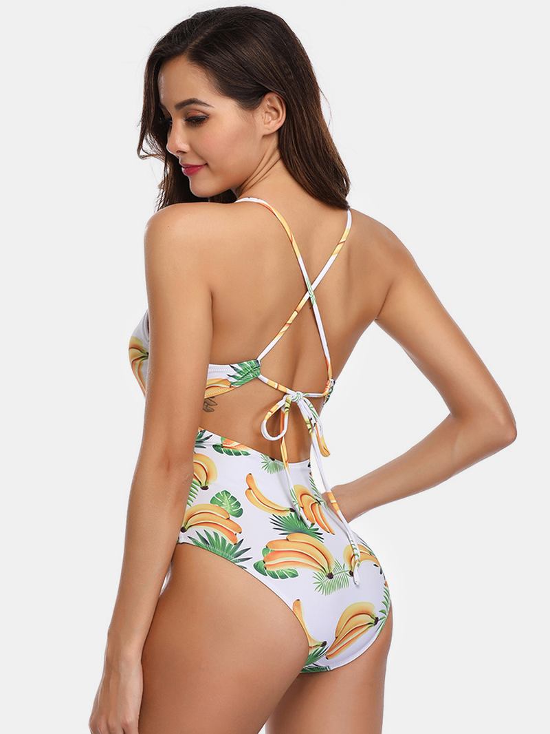 Dam Banana Med Tryck Criss-cross Spaghetti Straps One Piece Beach Badkläder