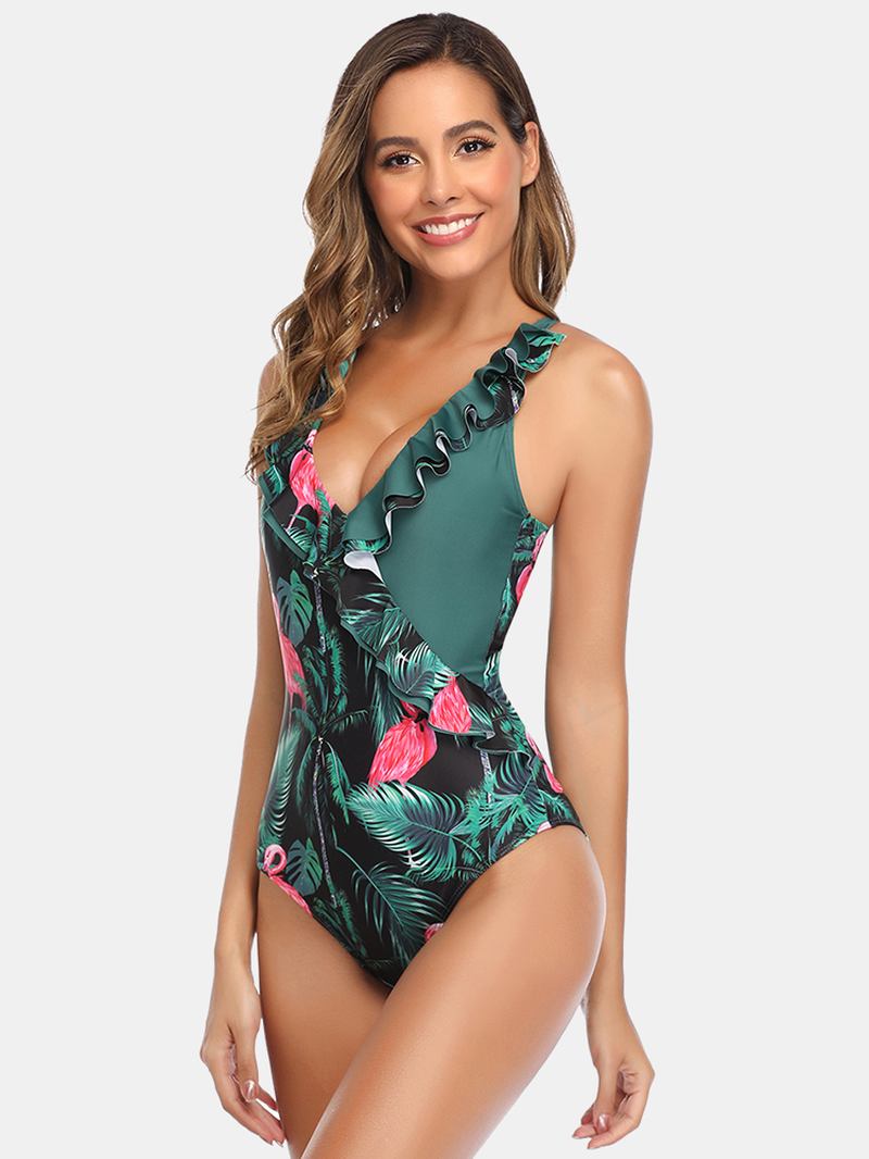 Dam Tropical Leaves Flamingo Med Tryck Volanger Hawaii Holiday One Piece Patchwork Badkläder