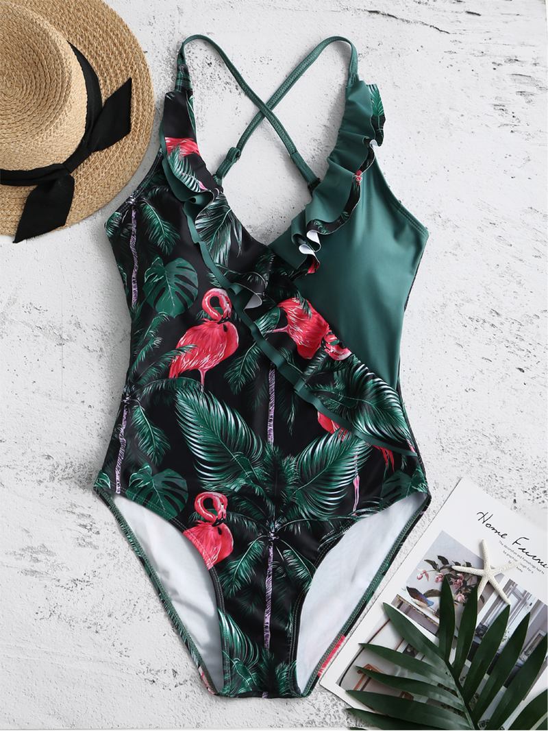 Dam Tropical Leaves Flamingo Med Tryck Volanger Hawaii Holiday One Piece Patchwork Badkläder