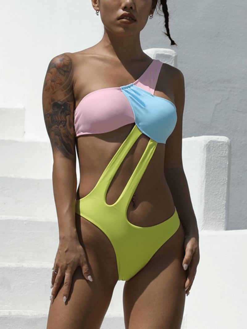 Färgkontrast Patchwork Cut Out One Shoulder Backless One Piece Beach Baddräkt För Kvinnor