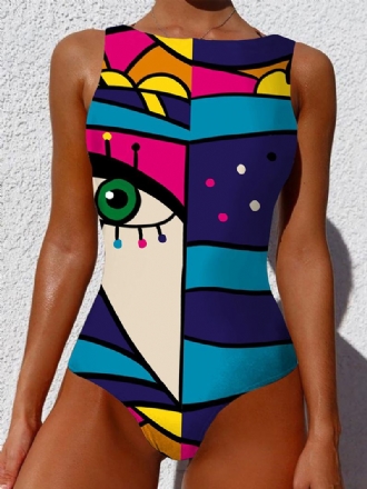 Graffiti Abstrakt Med Tryck Patchwork Hög Halsad Ärmlös Slimming Baddräkt Kvinnor Bikini