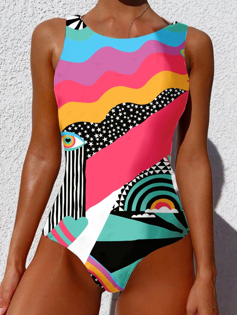 Kvinnor Abstrakt Figurtryck Breda Remmar Backless Beach One Piece