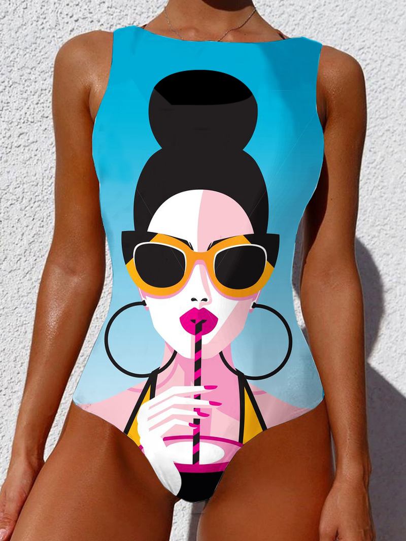 Kvinnor Cool Girl Figur Mönster Ärmlös High Neck One Piece Hawaii Badkläder