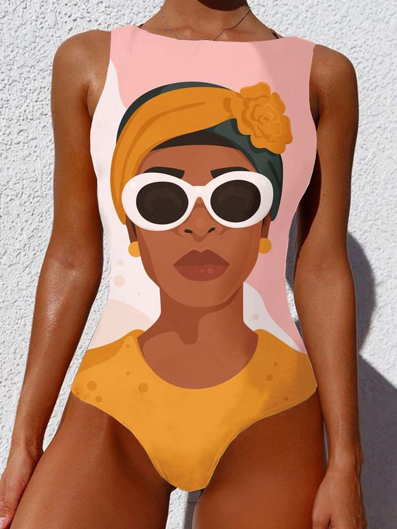 Kvinnor Cool Girl Figur Mönster Ärmlös High Neck One Piece Hawaii Badkläder