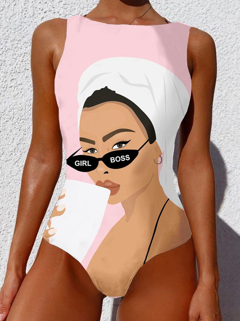 Kvinnor Cool Girl Figur Mönster Ärmlös High Neck One Piece Hawaii Badkläder