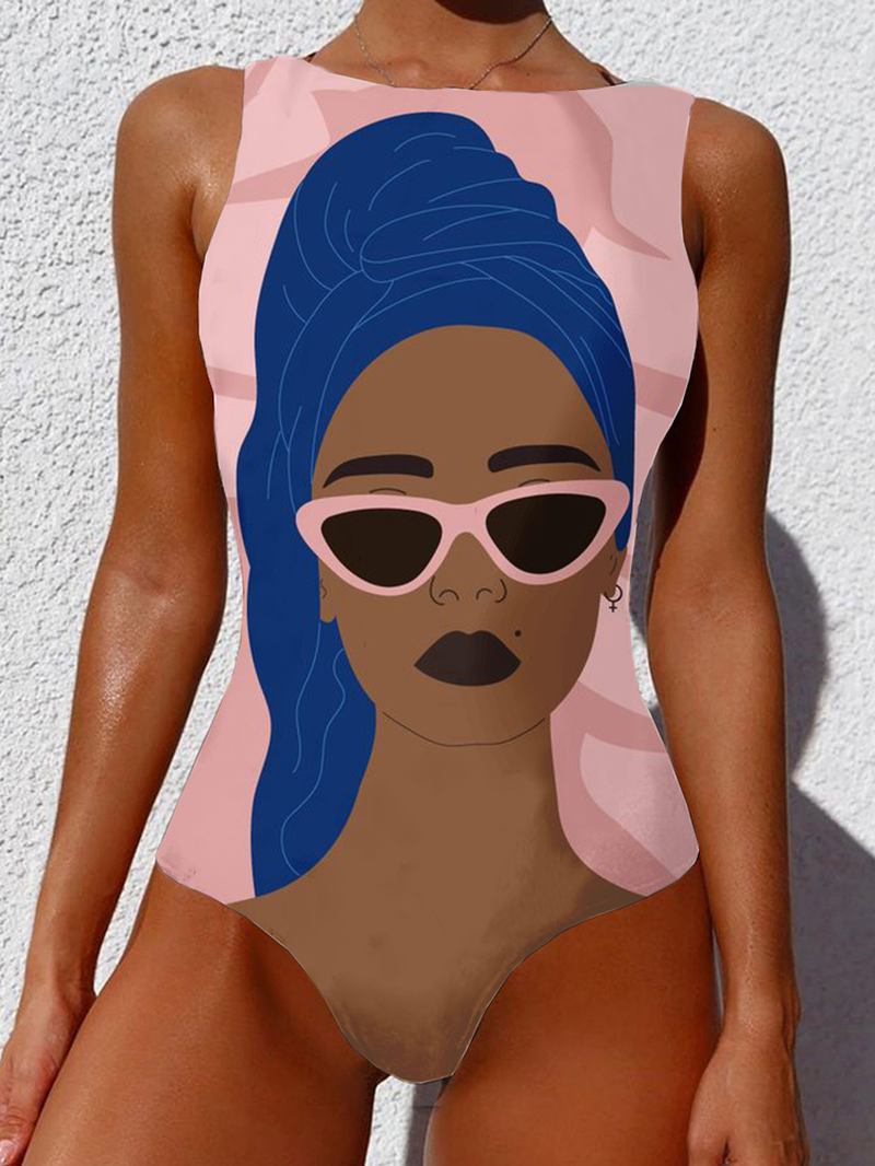 Kvinnor Cool Girl Figur Mönster Ärmlös High Neck One Piece Hawaii Badkläder