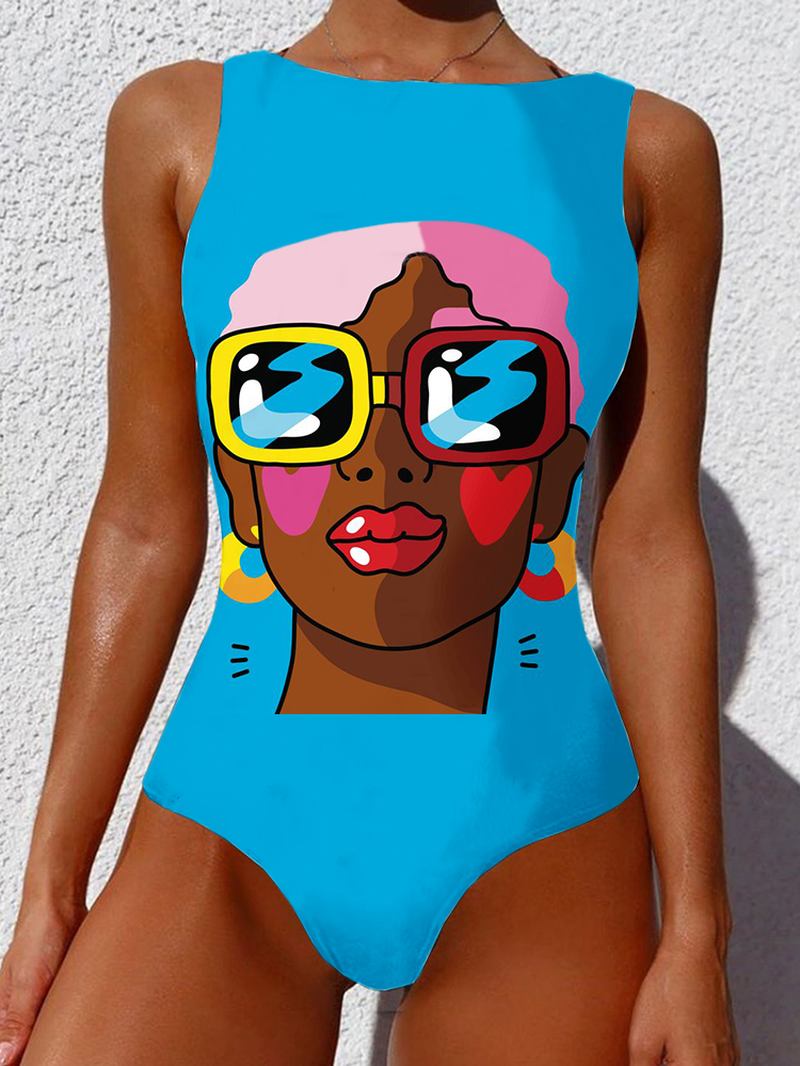 Kvinnor Cool Girl Figur Mönster Ärmlös High Neck One Piece Hawaii Badkläder