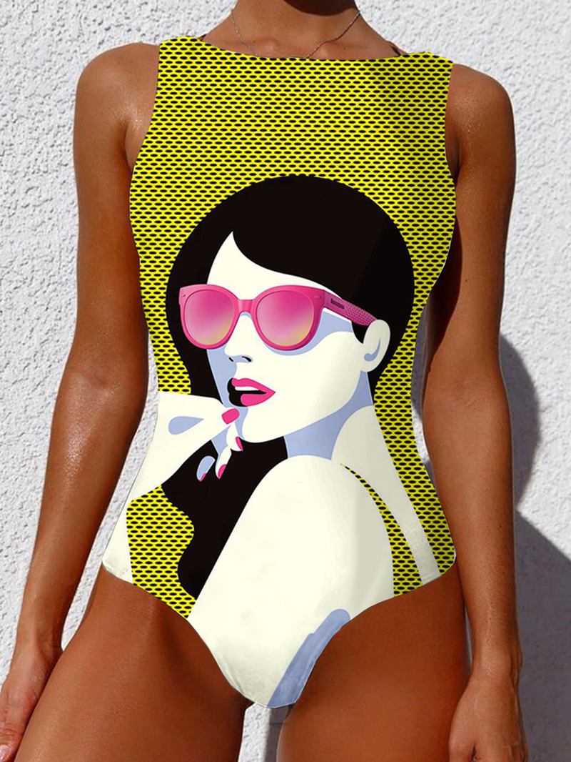 Kvinnor Cool Girl Figur Mönster Ärmlös High Neck One Piece Hawaii Badkläder