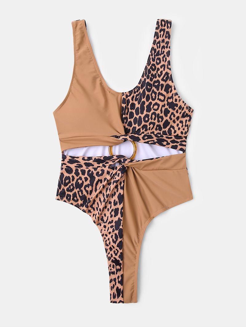 Kvinnor Leopard Patchwork Enfärgad Bikini One Piece Cut Out Slimmande Badkläder