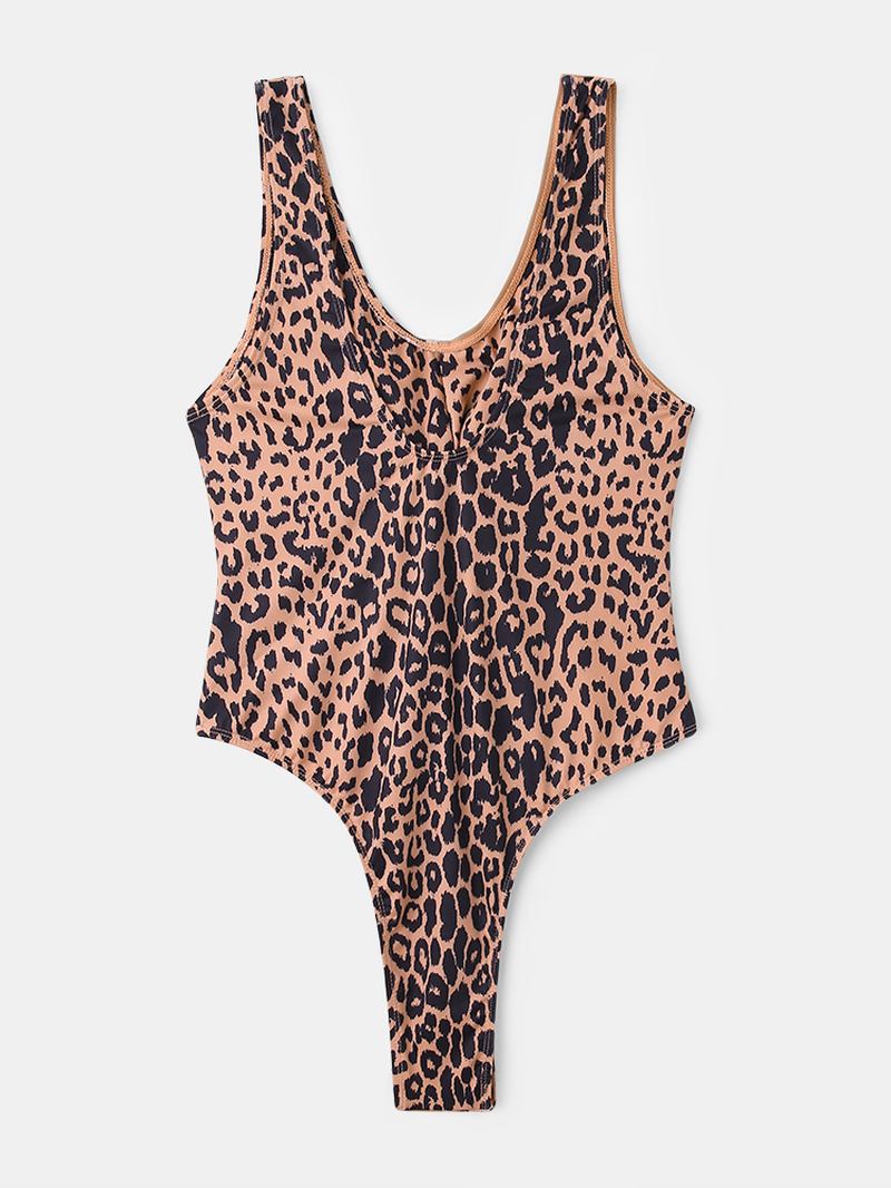 Kvinnor Leopard Patchwork Enfärgad Bikini One Piece Cut Out Slimmande Badkläder