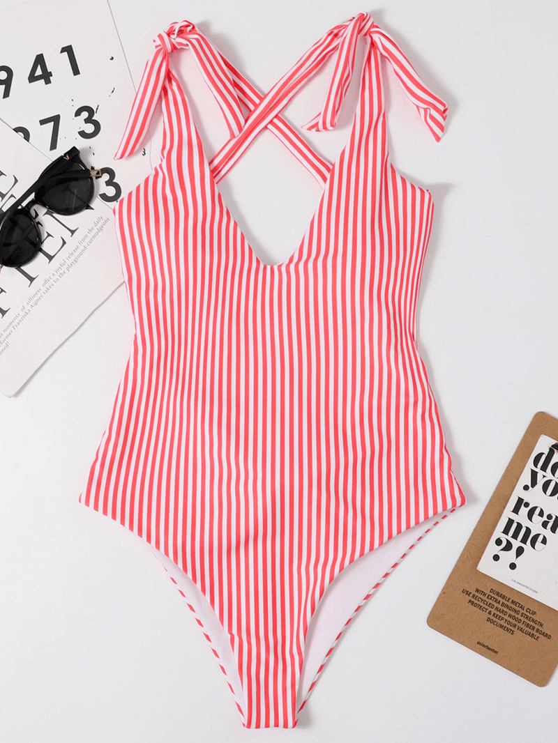 Kvinnor Pinstripe Criss Cross Back Söt Bow Shoulder One Piece Slimming Baddräkt