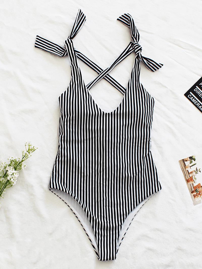 Kvinnor Pinstripe Criss Cross Back Söt Bow Shoulder One Piece Slimming Baddräkt