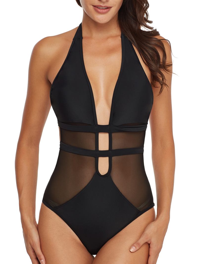 One Pieces Black Mesh Hollow Badkläder