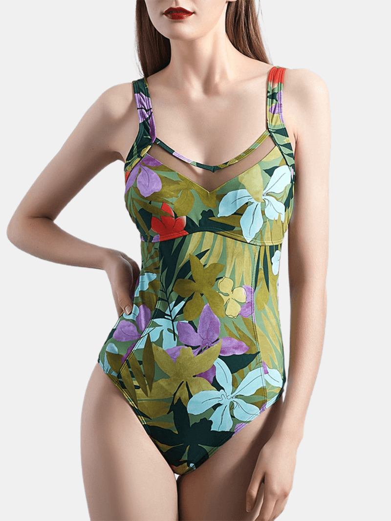 Plant Med Tryck Cut Out Tie Back One Piece Hawaii Summer Beach Baddräkt För Kvinnor