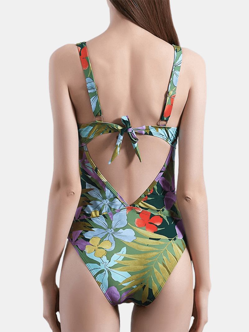 Plant Med Tryck Cut Out Tie Back One Piece Hawaii Summer Beach Baddräkt För Kvinnor